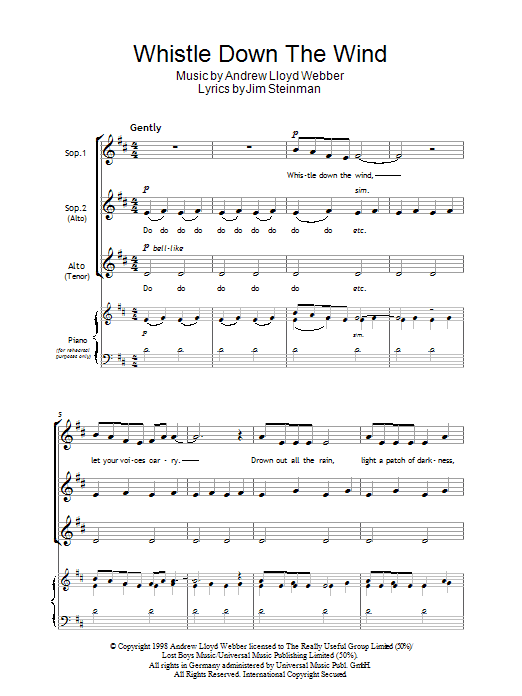 Andrew Lloyd Webber Whistle Down The Wind sheet music preview music notes and score for SSA including 6 page(s)