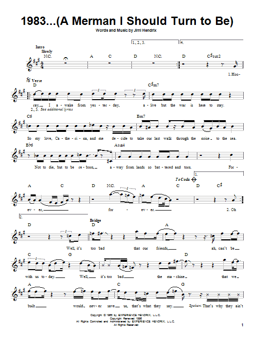 Learn to play Jimi Hendrix 1983...(A Merman I Should Turn To Be) sheet music for Melody Line, Lyrics & Chords in minutes. Jimi Hendrix 1983...(A Merman I Should Turn To Be) sheet music preview music notes and score for Melody Line, Lyrics & Chords including 2 page(s)