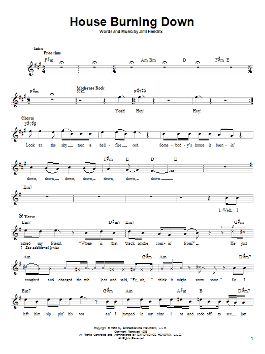 Learn to play Jimi Hendrix House Burning Down sheet music for Melody Line, Lyrics & Chords in minutes. Jimi Hendrix House Burning Down sheet music preview music notes and score for Melody Line, Lyrics & Chords including 3 page(s)