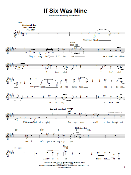 Learn to play Jimi Hendrix If Six Was Nine sheet music for Melody Line, Lyrics & Chords in minutes. Jimi Hendrix If Six Was Nine sheet music preview music notes and score for Melody Line, Lyrics & Chords including 4 page(s)