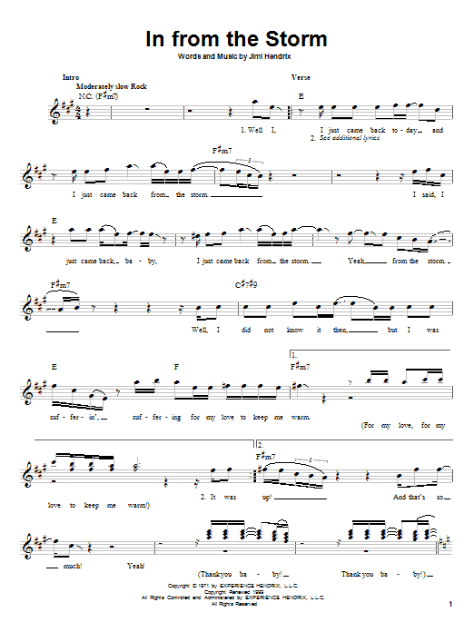 Learn to play Jimi Hendrix In From The Storm sheet music for Melody Line, Lyrics & Chords in minutes. Jimi Hendrix In From The Storm sheet music preview music notes and score for Melody Line, Lyrics & Chords including 2 page(s)