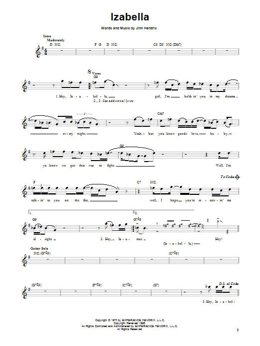 Learn to play Jimi Hendrix Izabella sheet music for Melody Line, Lyrics & Chords in minutes. Jimi Hendrix Izabella sheet music preview music notes and score for Melody Line, Lyrics & Chords including 2 page(s)