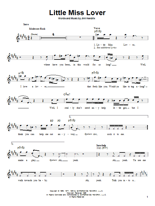 Learn to play Jimi Hendrix Little Miss Lover sheet music for Melody Line, Lyrics & Chords in minutes. Jimi Hendrix Little Miss Lover sheet music preview music notes and score for Melody Line, Lyrics & Chords including 2 page(s)