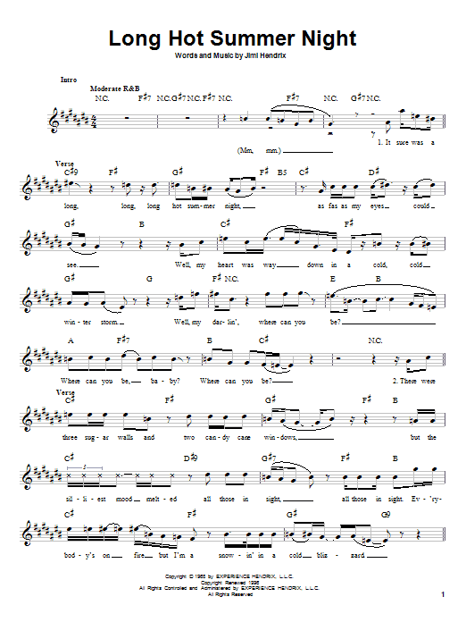 Learn to play Jimi Hendrix Long Hot Summer Night sheet music for Melody Line, Lyrics & Chords in minutes. Jimi Hendrix Long Hot Summer Night sheet music preview music notes and score for Melody Line, Lyrics & Chords including 4 page(s)