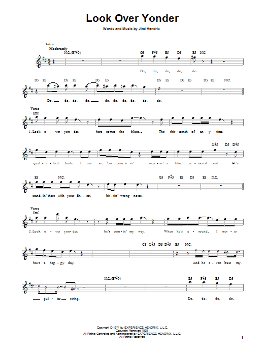 Learn to play Jimi Hendrix Look Over Yonder sheet music for Melody Line, Lyrics & Chords in minutes. Jimi Hendrix Look Over Yonder sheet music preview music notes and score for Melody Line, Lyrics & Chords including 3 page(s)