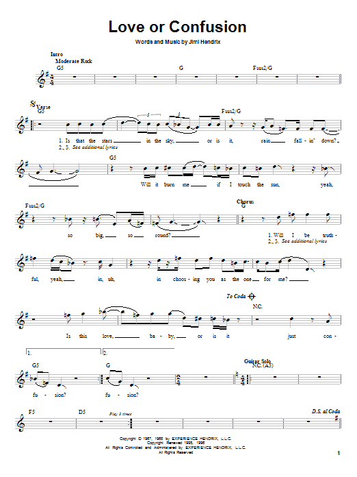 Learn to play Jimi Hendrix Love Or Confusion sheet music for Melody Line, Lyrics & Chords in minutes. Jimi Hendrix Love Or Confusion sheet music preview music notes and score for Melody Line, Lyrics & Chords including 2 page(s)