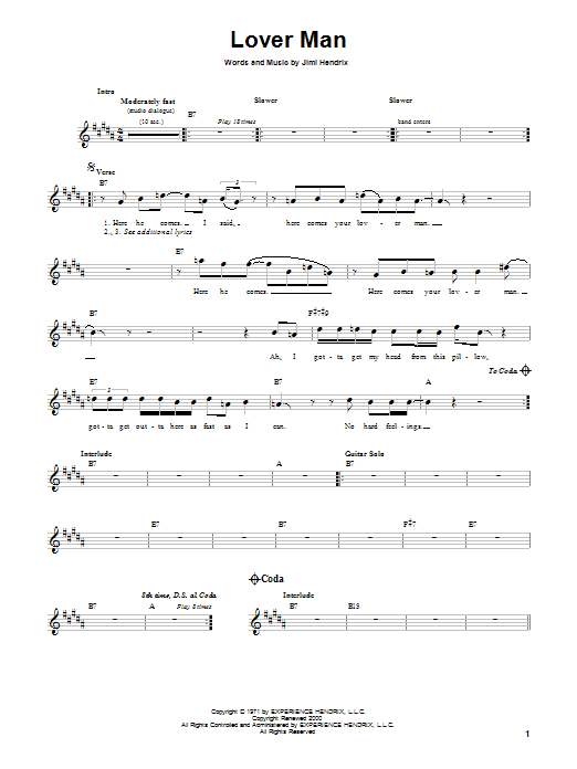 Learn to play Jimi Hendrix Lover Man sheet music for Melody Line, Lyrics & Chords in minutes. Jimi Hendrix Lover Man sheet music preview music notes and score for Melody Line, Lyrics & Chords including 3 page(s)