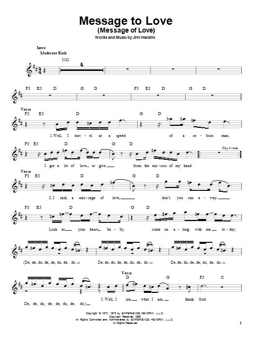 Learn to play Jimi Hendrix Message To Love (Message Of Love) sheet music for Melody Line, Lyrics & Chords in minutes. Jimi Hendrix Message To Love (Message Of Love) sheet music preview music notes and score for Melody Line, Lyrics & Chords including 3 page(s)