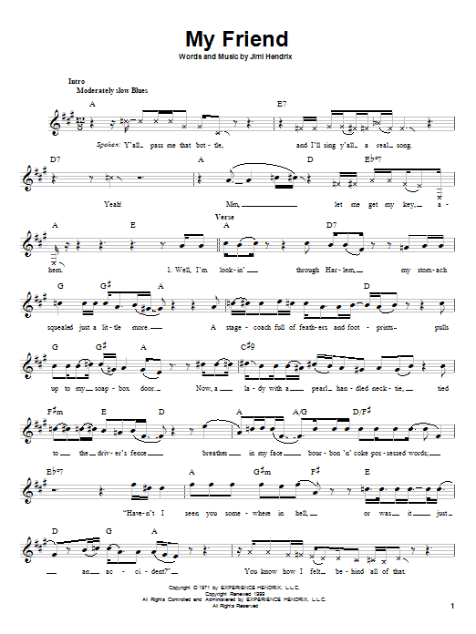Learn to play Jimi Hendrix My Friend sheet music for Melody Line, Lyrics & Chords in minutes. Jimi Hendrix My Friend sheet music preview music notes and score for Melody Line, Lyrics & Chords including 4 page(s)