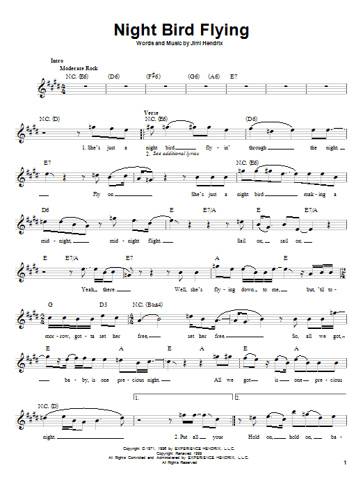 Learn to play Jimi Hendrix Night Bird Flying sheet music for Melody Line, Lyrics & Chords in minutes. Jimi Hendrix Night Bird Flying sheet music preview music notes and score for Melody Line, Lyrics & Chords including 2 page(s)
