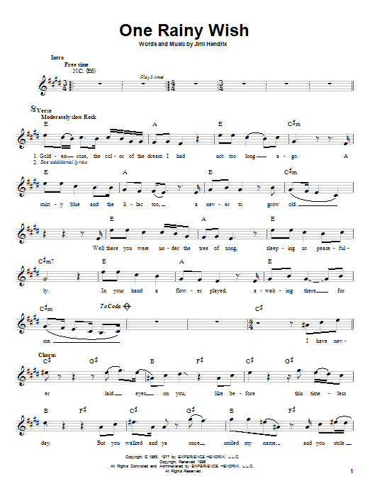 Learn to play Jimi Hendrix One Rainy Wish sheet music for Melody Line, Lyrics & Chords in minutes. Jimi Hendrix One Rainy Wish sheet music preview music notes and score for Melody Line, Lyrics & Chords including 2 page(s)