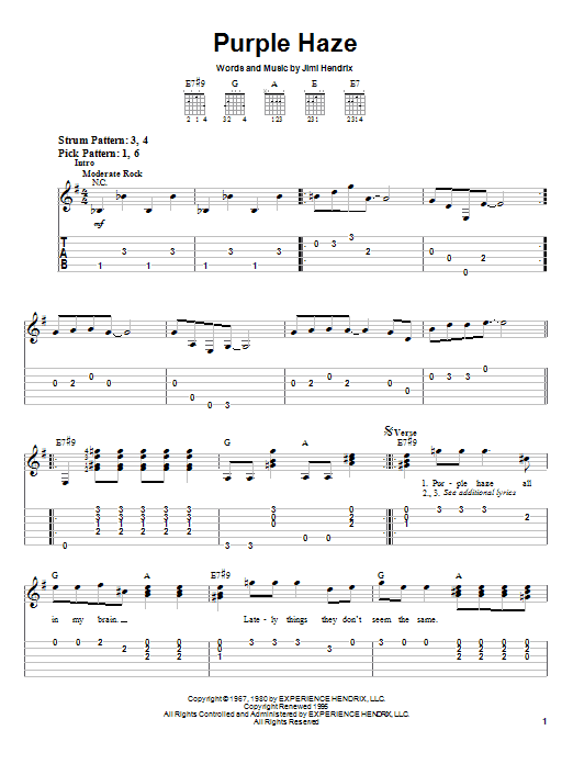 Learn to play Jimi Hendrix Purple Haze sheet music for Easy Guitar Tab in minutes. Jimi Hendrix Purple Haze sheet music notes and chords