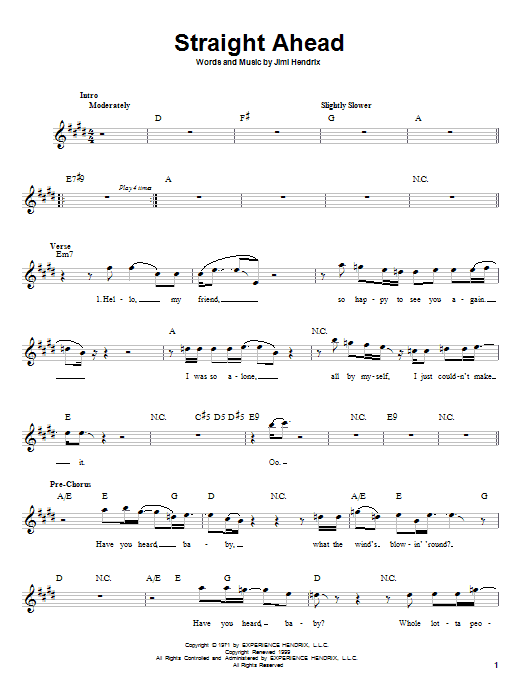 Learn to play Jimi Hendrix Straight Ahead sheet music for Melody Line, Lyrics & Chords in minutes. Jimi Hendrix Straight Ahead sheet music preview music notes and score for Melody Line, Lyrics & Chords including 4 page(s)