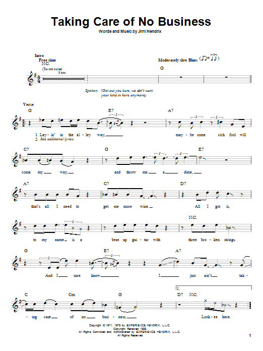 Learn to play Jimi Hendrix Taking Care Of No Business sheet music for Melody Line, Lyrics & Chords in minutes. Jimi Hendrix Taking Care Of No Business sheet music preview music notes and score for Melody Line, Lyrics & Chords including 3 page(s)