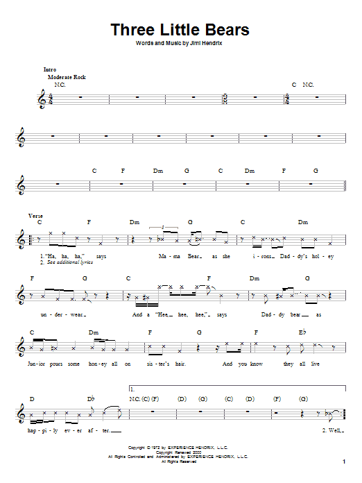Learn to play Jimi Hendrix Three Little Bears sheet music for Melody Line, Lyrics & Chords in minutes. Jimi Hendrix Three Little Bears sheet music preview music notes and score for Melody Line, Lyrics & Chords including 3 page(s)