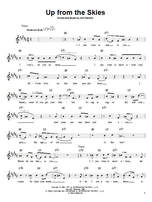 Learn to play Jimi Hendrix Up From The Skies sheet music for Melody Line, Lyrics & Chords in minutes. Jimi Hendrix Up From The Skies sheet music preview music notes and score for Melody Line, Lyrics & Chords including 4 page(s)
