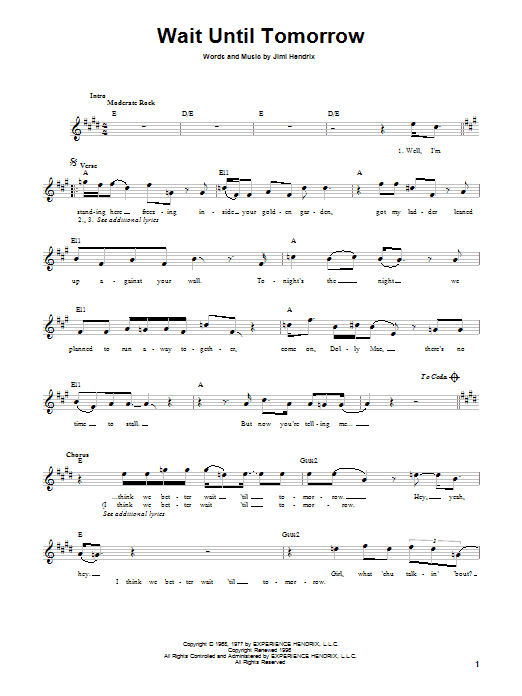 Learn to play Jimi Hendrix Wait Until Tomorrow sheet music for Melody Line, Lyrics & Chords in minutes. Jimi Hendrix Wait Until Tomorrow sheet music preview music notes and score for Melody Line, Lyrics & Chords including 4 page(s)