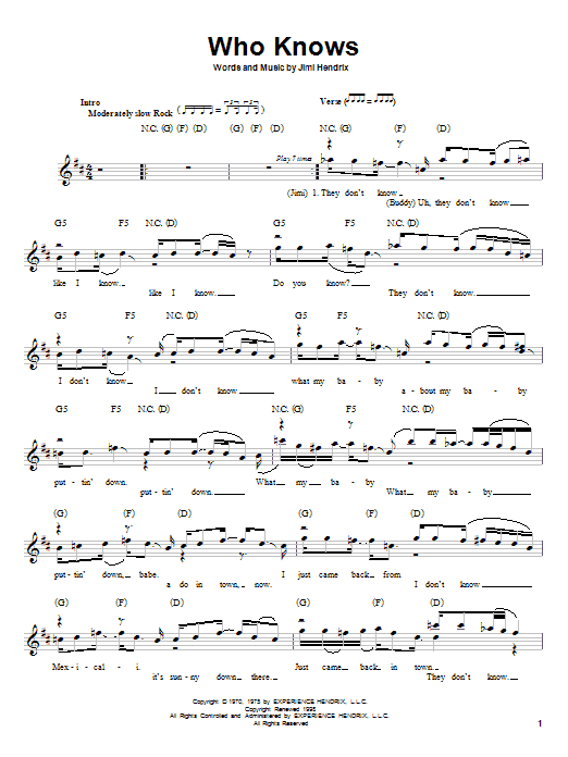 Learn to play Jimi Hendrix Who Knows sheet music for Melody Line, Lyrics & Chords in minutes. Jimi Hendrix Who Knows sheet music preview music notes and score for Melody Line, Lyrics & Chords including 5 page(s)