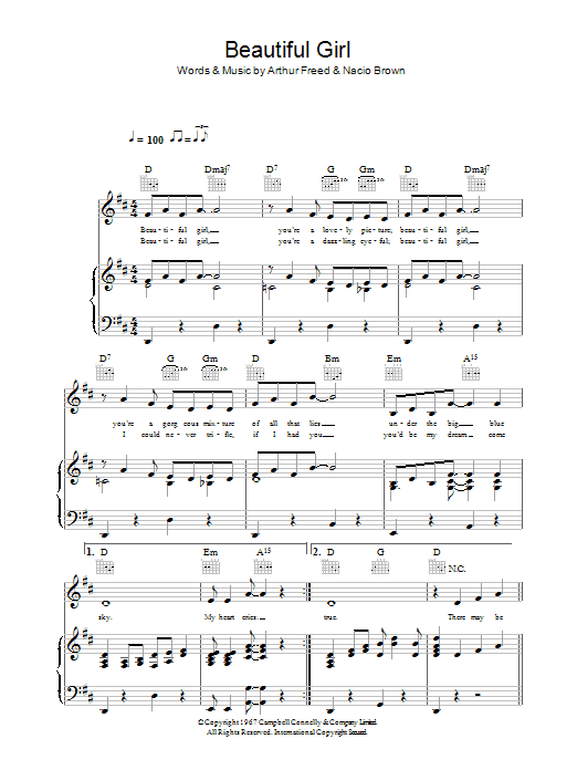 Jimmie Thompson Beautiful Girl (from Singin' In The Rain) sheet music preview music notes and score for Piano, Vocal & Guitar (Right-Hand Melody) including 6 page(s)