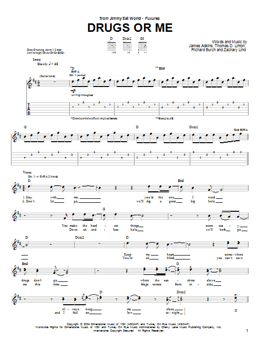 Jimmy Eat World Drugs Or Me sheet music, chords, lyrics - Printable PDF for Guitar Tab
