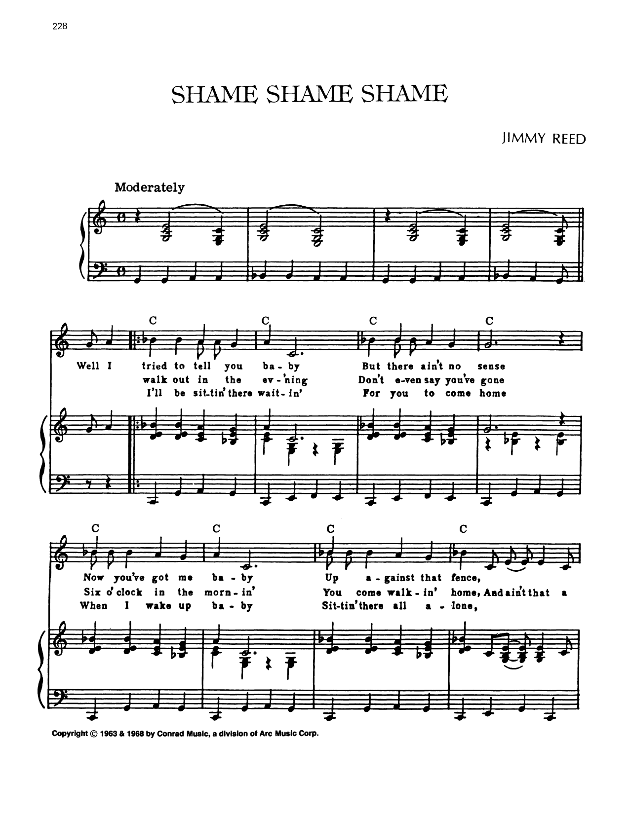 Jimmy Reed Shame, Shame, Shame sheet music, chords, lyrics - Printable PDF for Piano, Vocal & Guitar Chords (Right-Hand Melody)