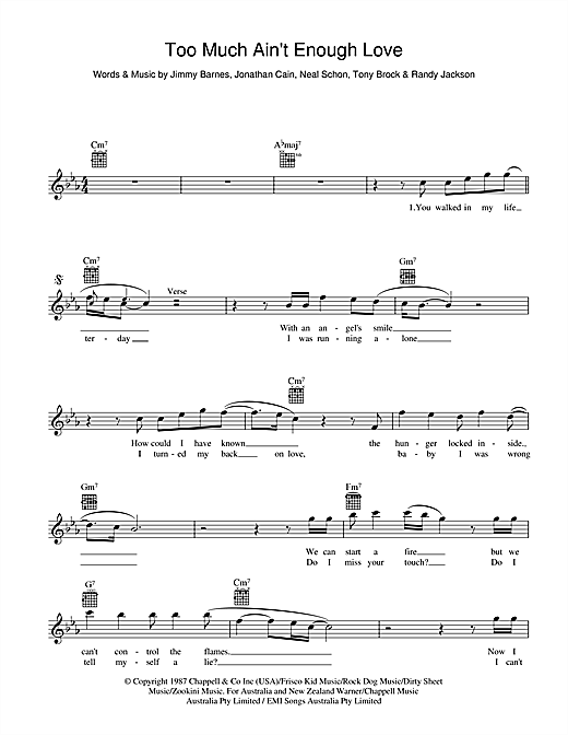 Learn to play Jimmy Barnes Too Much Ain't Enough Love sheet music for Melody Line, Lyrics & Chords in minutes. Jimmy Barnes Too Much Ain't Enough Love sheet music preview music notes and score for Melody Line, Lyrics & Chords including 2 page(s)