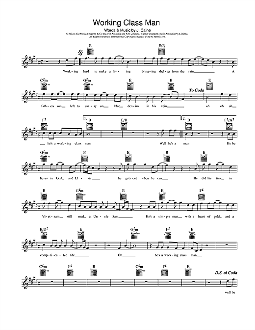 Learn to play Jimmy Barnes Working Class Man sheet music for Melody Line, Lyrics & Chords in minutes. Jimmy Barnes Working Class Man sheet music preview music notes and score for Melody Line, Lyrics & Chords including 2 page(s)