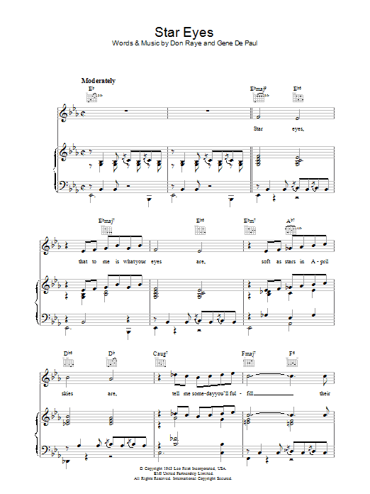 Learn to play Jimmy Dorsey Star Eyes sheet music for Piano, Vocal & Guitar (Right-Hand Melody) in minutes. Jimmy Dorsey Star Eyes sheet music preview music notes and score for Piano, Vocal & Guitar (Right-Hand Melody) including 4 page(s)