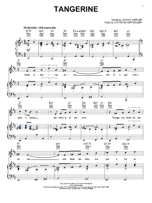 Learn to play Jimmy Dorsey Tangerine sheet music for Piano, Vocal & Guitar (Right-Hand Melody) in minutes. Jimmy Dorsey Tangerine sheet music preview music notes and score for Piano, Vocal & Guitar (Right-Hand Melody) including 4 page(s)