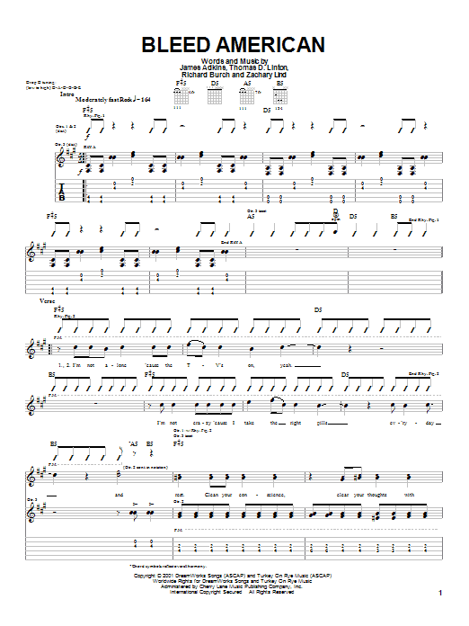 Jimmy Eat World Bleed American sheet music preview music notes and score for Guitar Tab including 6 page(s)