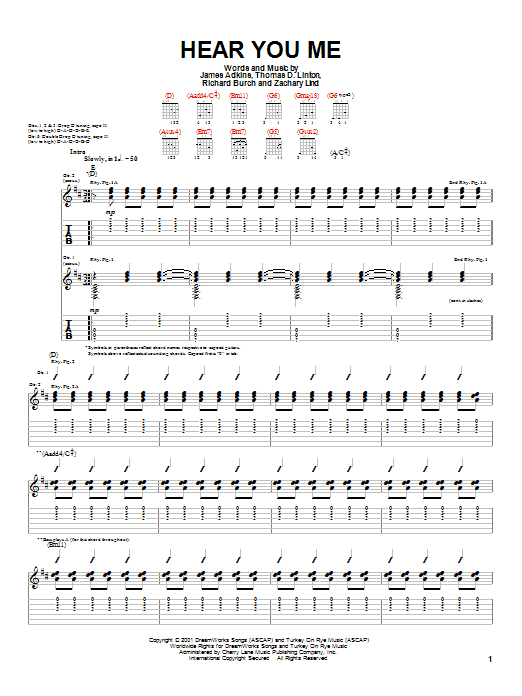 Jimmy Eat World Hear You Me sheet music preview music notes and score for Guitar Tab including 7 page(s)