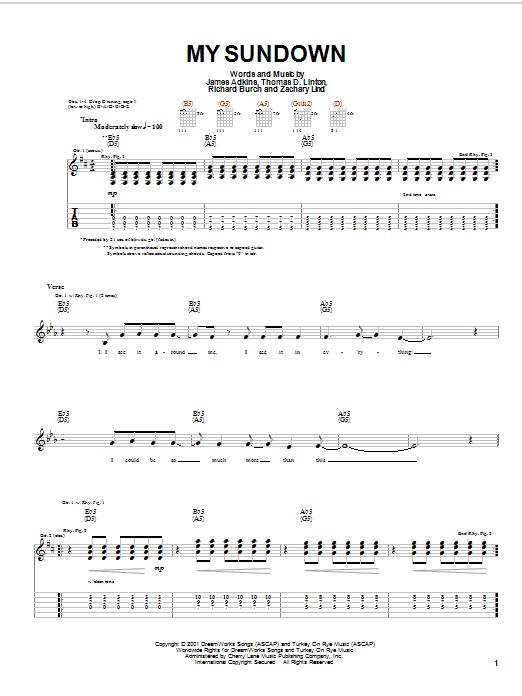 Jimmy Eat World My Sundown sheet music preview music notes and score for Guitar Tab including 4 page(s)