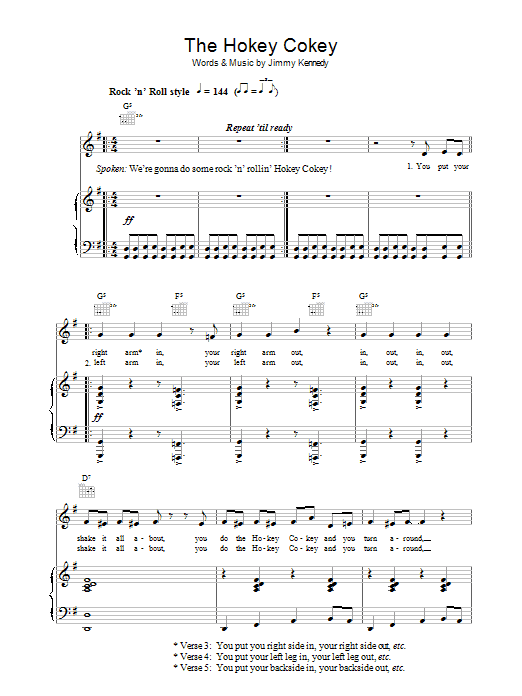 Jimmy Kennedy The Hokey Cokey sheet music preview music notes and score for Piano, Vocal & Guitar including 4 page(s)