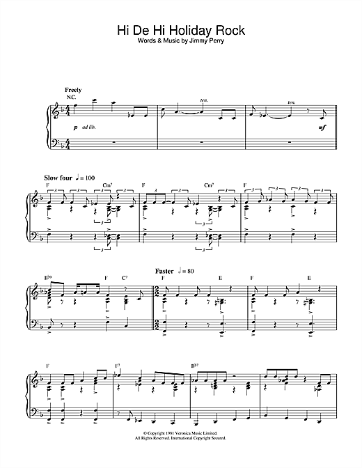 Learn to play Jimmy Perry Hi De Hi Holiday Rock (theme from Hi De Hi) sheet music for Piano in minutes. Jimmy Perry Hi De Hi Holiday Rock (theme from Hi De Hi) sheet music notes and chords