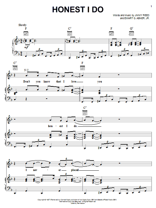 Jimmy Reed Honest I Do sheet music preview music notes and score for Piano, Vocal & Guitar (Right-Hand Melody) including 3 page(s)