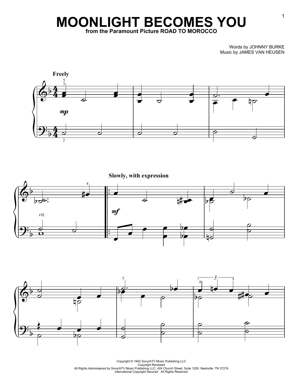 Jimmy Van Heusen Moonlight Becomes You sheet music preview music notes and score for E-Z Play Today including 2 page(s)