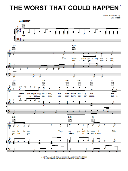 Learn to play Jimmy Webb The Worst That Could Happen sheet music for Piano, Vocal & Guitar (Right-Hand Melody) in minutes. Jimmy Webb The Worst That Could Happen sheet music preview music notes and score for Piano, Vocal & Guitar (Right-Hand Melody) including 4 page(s)