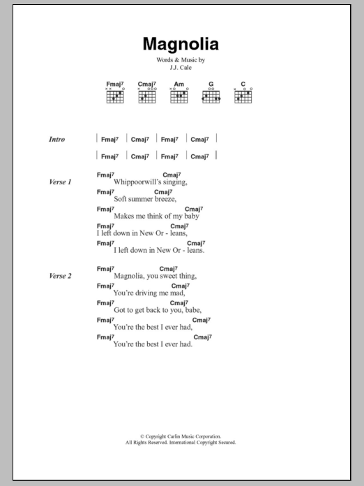 J.J. Cale Magnolia sheet music, chords, lyrics - Printable PDF for Lyrics & Chords