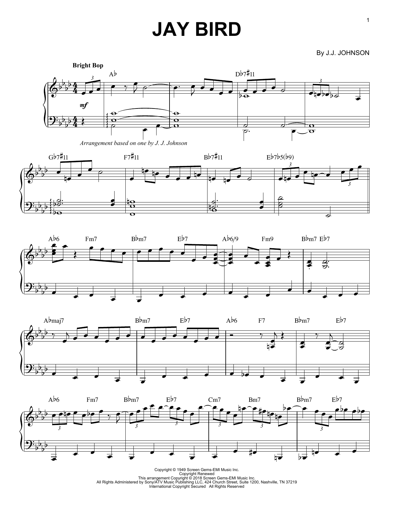 J.J. Johnson Jay Bird sheet music, chords, lyrics - Printable PDF for Piano