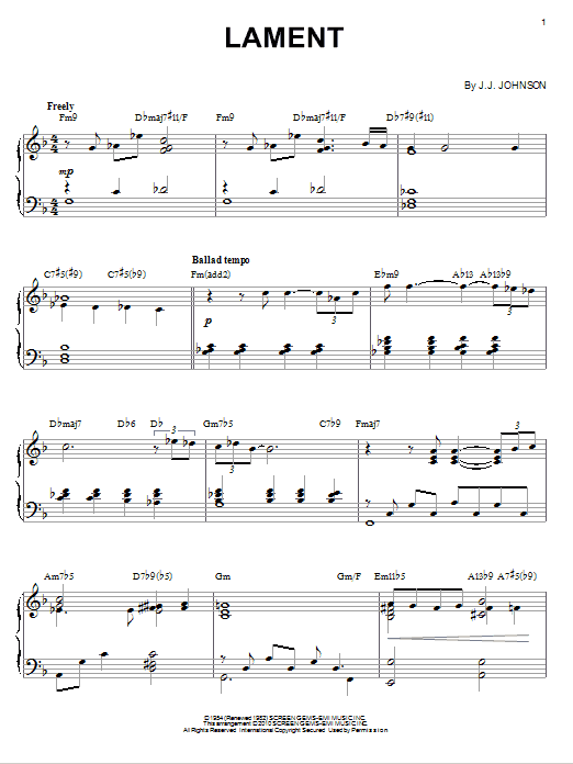 J.J. Johnson Lament sheet music, chords, lyrics - Printable PDF for Piano