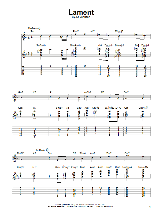 J.J. Johnson Lament sheet music, chords, lyrics - Printable PDF for Easy Guitar Tab
