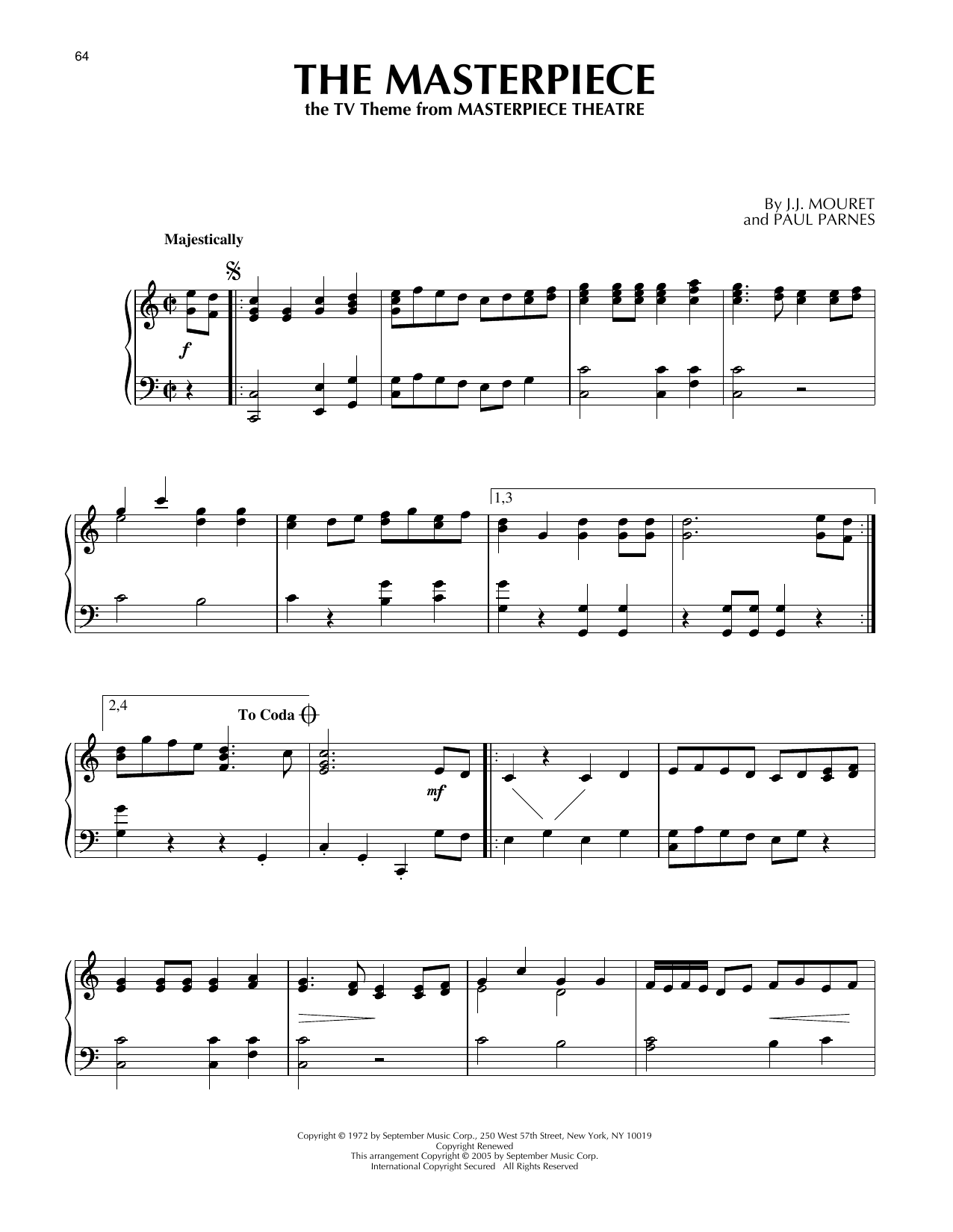 J.J. Mouret The Masterpiece (Theme from Masterpiece Theatre) sheet music, chords, lyrics - Printable PDF for Piano Solo