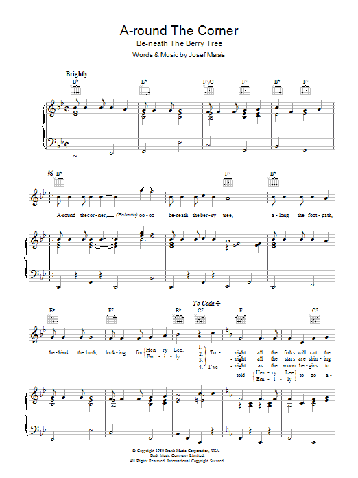 Jo Stafford A-round The Corner (Be-neath The Berry Tree) sheet music, chords, lyrics - Printable PDF for Piano, Vocal & Guitar (Right-Hand Melody)