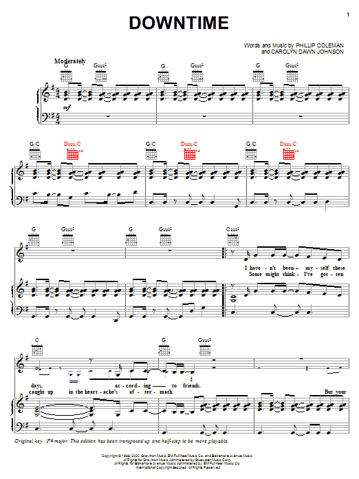 Jo Dee Messina Downtime sheet music preview music notes and score for Piano, Vocal & Guitar (Right-Hand Melody) including 6 page(s)