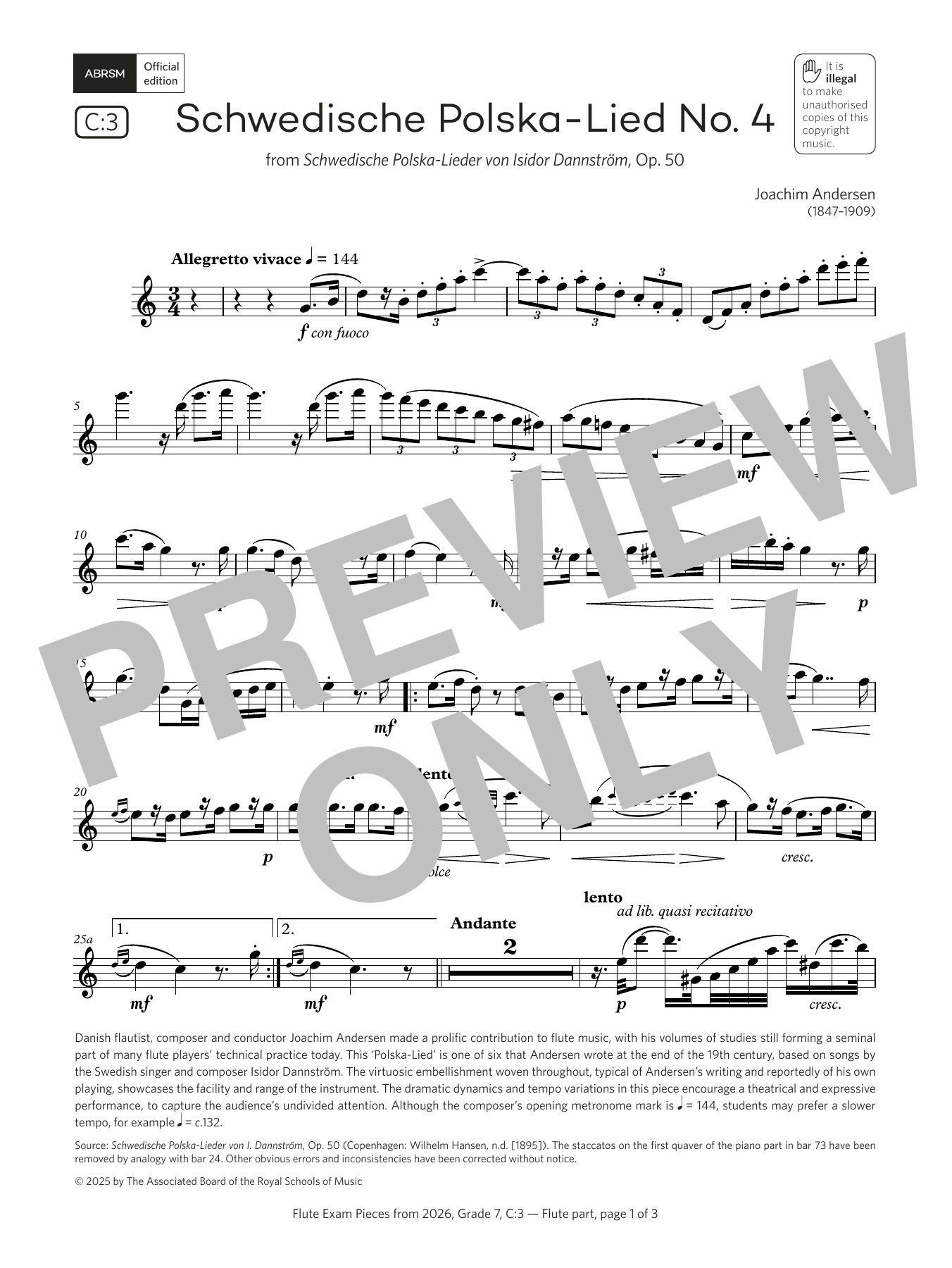 Joachim Andersen Schwedische Polska-Lied No. 4 (Grade 7, list C3, from the ABRSM Flute Syllabus from 2026) sheet music, chords, lyrics - Printable PDF for Flute Solo