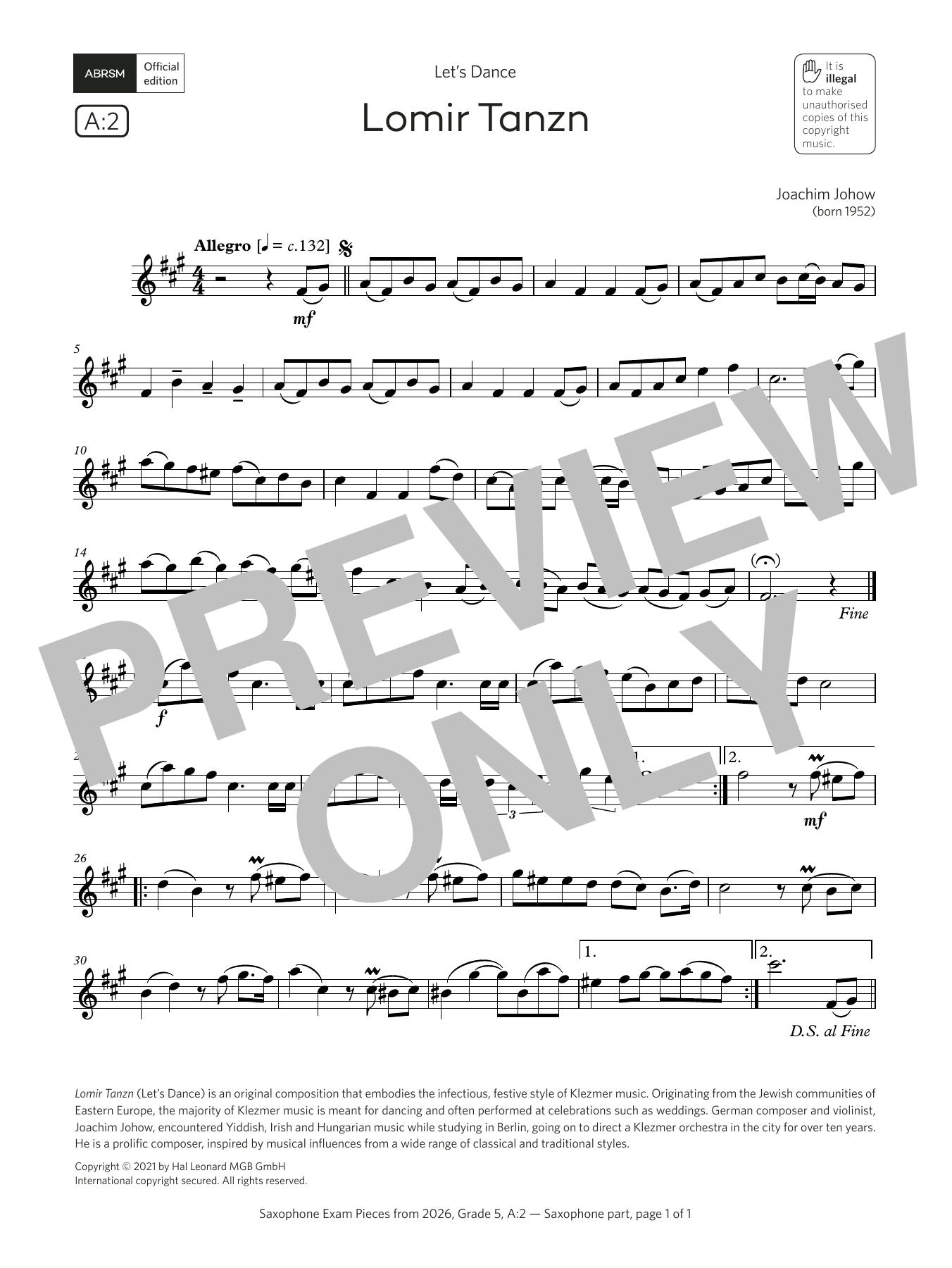 Joachim Johow Lomir Tanzn (Grade 5, list A2, from the ABRSM Saxophone Syllabus from 2026) sheet music, chords, lyrics - Printable PDF for Alto Sax Solo