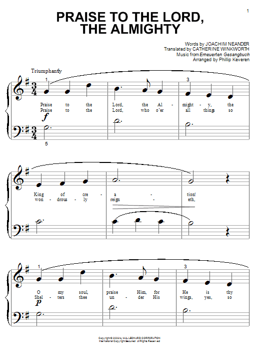 Joachim Neander Praise To The Lord, The Almighty sheet music, chords, lyrics - Printable PDF for Piano (Big Notes)