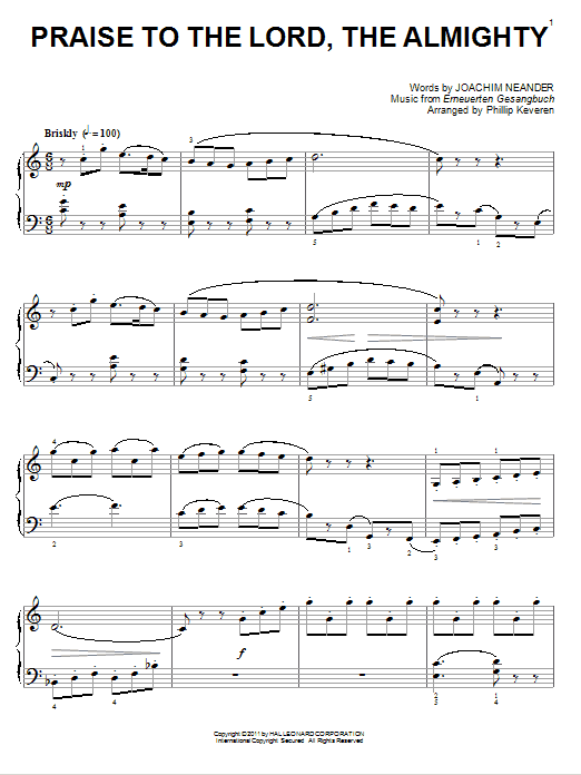 Learn to play Joachim Neander Praise To The Lord, The Almighty sheet music for Piano in minutes. Joachim Neander Praise To The Lord, The Almighty sheet music notes and chords