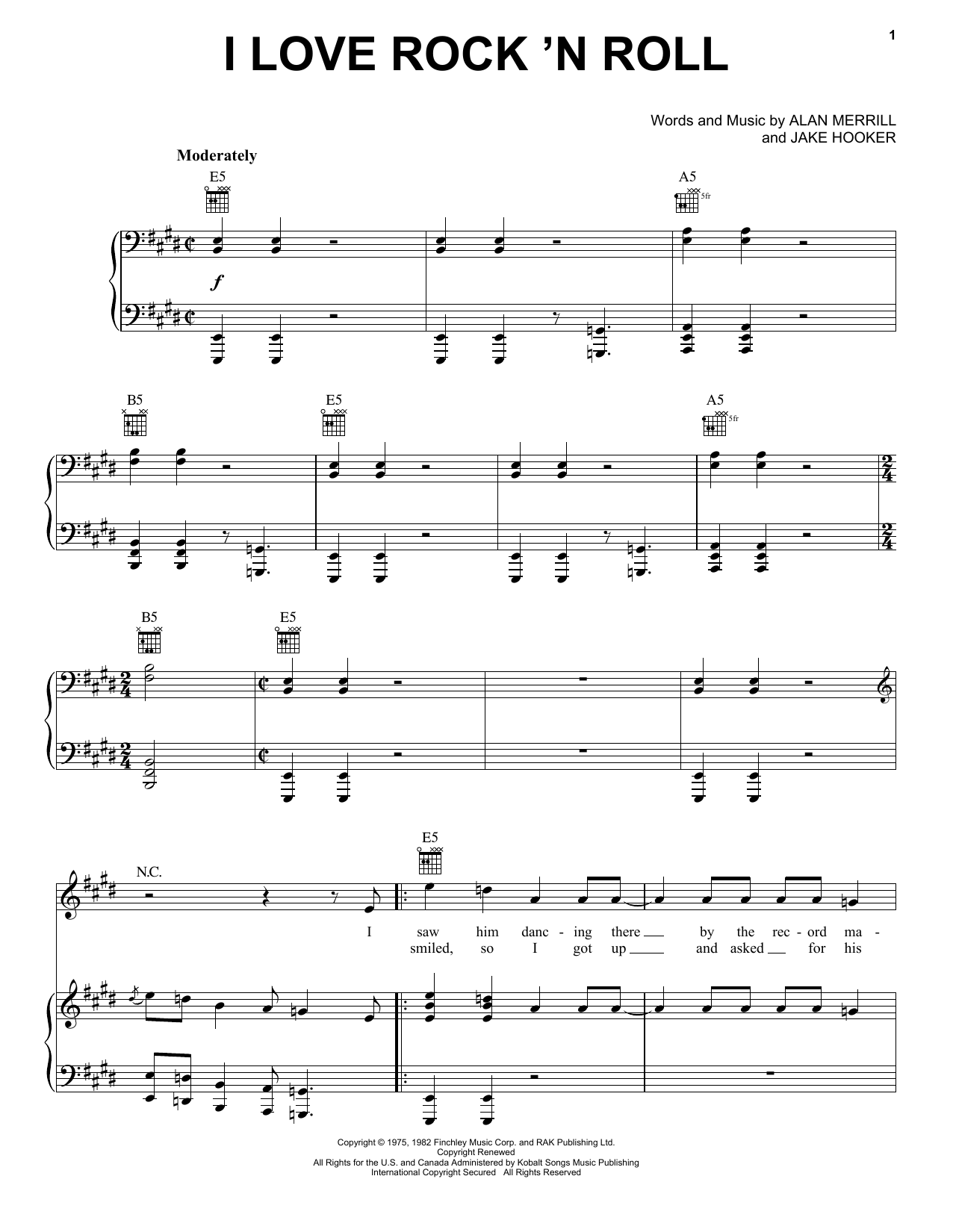 Download Joan Jett & The Blackhearts I Love Rock 'N Roll sheet music notes and chords for Piano, Vocal & Guitar (Right-Hand Melody) - Download Printable PDF and start playing in minutes.
