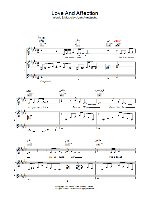 Learn to play Joan Armatrading Love And Affection sheet music for Piano, Vocal & Guitar in minutes. Joan Armatrading Love And Affection sheet music preview music notes and score for Piano, Vocal & Guitar including 10 page(s)